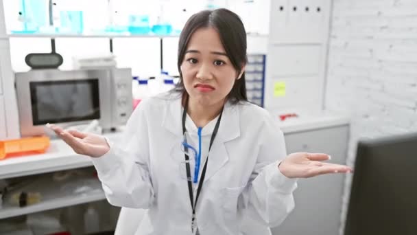 Verbijsterde Jonge Chinese Vrouwelijke Wetenschapper Het Lab Onwetende Uitdrukking Handen — Stockvideo