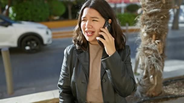 Mujer Hispana Hablando Por Teléfono Alterada Calle Soleada — Vídeos de Stock