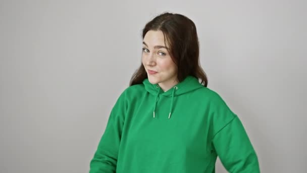 Radosna Młoda Kobieta Ubrana Bluzę Radosnym Uśmiechem Pewnie Pokazująca Znak — Wideo stockowe