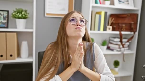 絶望的な若いブロンドの実業家がオフィスで祈り 後悔と希望を明らかにする表現 — ストック動画