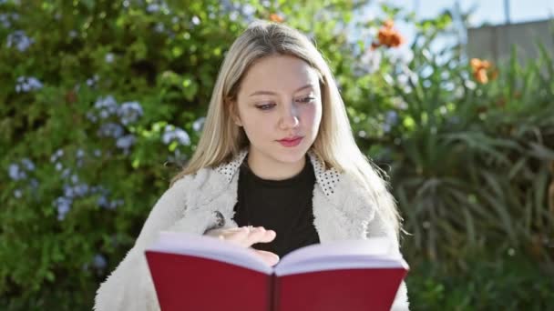 Молода Блондинка Затишній Куртці Читає Червону Книгу Відкритому Повітрі Оточенні — стокове відео