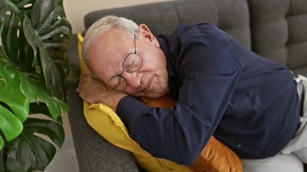 疲惫的老人 灰白的头发被舒适的室内肖像所吸引 舒服地躺在客厅沙发上 安安静静地睡一觉 在他的家里打呵欠 从沉睡的状态中醒来 — 图库视频影像
