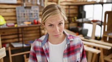 Gergin, şüpheci, genç sarışın marangoz kadın, marangozluk masasında üzgün oturuyor, kritik bir sorun yüzünden kaşlarını çatıyor. Şüpheci yüz ifadesinde negatif bir titreşim var..