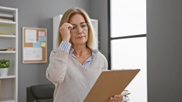 Ofiste Orta Yaşlı Sarışın Bir Kadın Modern Bir Mekanda Gözlük — Stok video