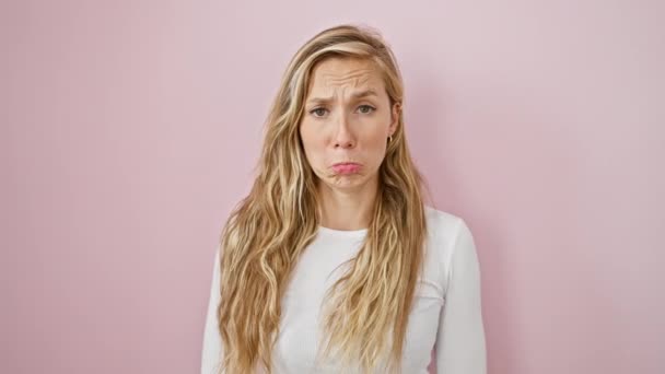Worried Upset Young Blonde Woman Standing Pink Background Sad Depressed — Stock Video