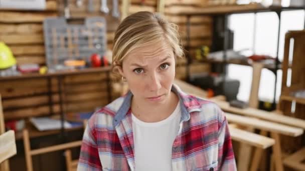 Nervous Skeptic Young Blonde Woman Carpenter Sitting Upset Carpentry Table — Stock Video