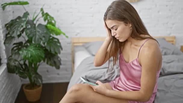 Çekici Genç Spanyol Kadın Yatak Odasında Üzgün Bir Şekilde Oturuyor — Stok video