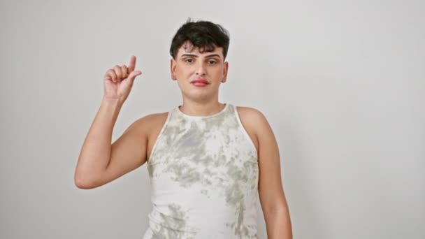 Confident Young Man Sleeveless Shirt Playfully Measures Small Size Fingers — Stock Video