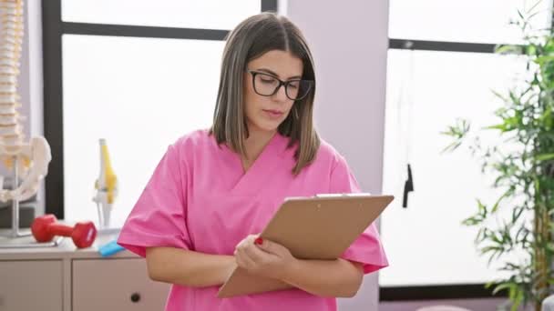 Pembe Önlüklü Genç Spanyol Kadın Bir Tıp Kliniğinde Notlar Alıyor — Stok video