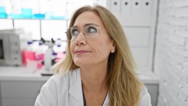 Confident Middle Age Blonde Woman Scientist Show Interested Look Sitting — Stock Video