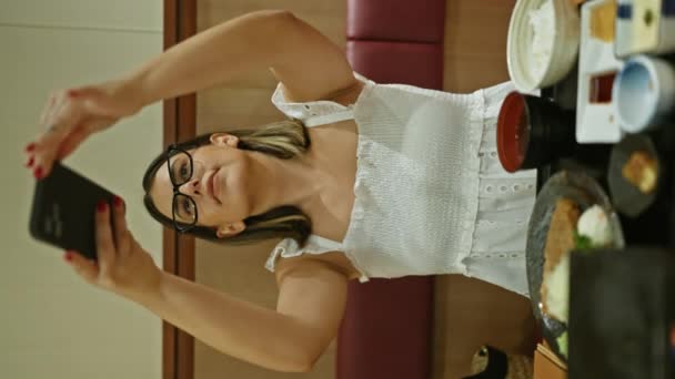 Piękna Latynoska Kobieta Przechwytuje Wspaniałe Zdjęcie Żywności Modnej Restauracji Kawiarnia — Wideo stockowe