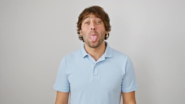 Happy Young Caucasian Man Sticking Tongue Out Hilarious Joy Standing — Stock Video