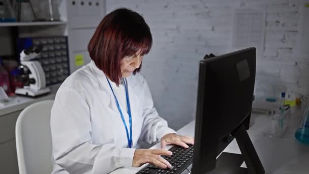 Mulher Hispânica Madura Cientista Trabalhando Atentamente Laboratório Com Microscópio Computador — Vídeo de Stock