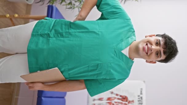 Joven Sonriente Con Uniformes Médicos Sosteniendo Portapapeles Interior Una Clínica — Vídeos de Stock
