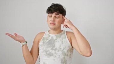 Kolsuz tişörtlü sinirli genç adam, 'Düşün! ', avuç içi açık reklam alanı, parmak dokundurmalı alın, izole beyaz arkaplan karşı
