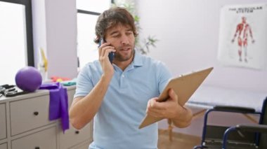 Mavi polo tişörtlü genç, sakallı bir adam bir fizik tedavi kliniğinde elinde bir pano tutarken telefonla konuşuyor. Endişelerini dile getiriyor..