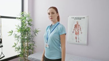 Kendine güvenen bir kadın terapist duvarında anatomik bir posterle klinikte duruyor..