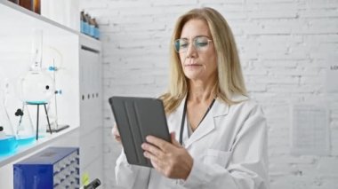 Laboratuvarda dijital tablet kullanan yetişkin kadın bilim adamı..