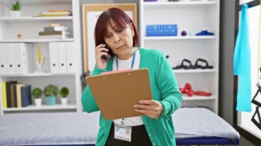 Klinikte çalışan yetişkin bir İspanyol kadın sağlık görevlisi telefonla konuşuyor ve elinde bir pano var.