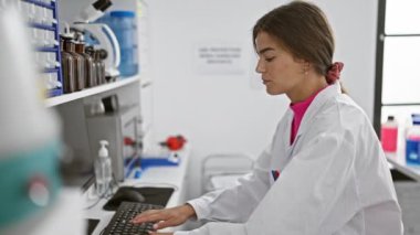 İşyerinde stresle boğuşan, genç, güzel İspanyol bilim kadını acı içinde, bilgisayarında yazarken baş ağrısı çeken..