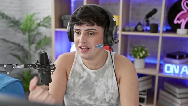 Young Man Headphones Speaks Microphone Modern Neon Lit Gaming Room — Stock Video