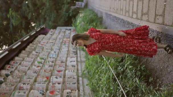 Радісна Іспаномовна Жінка Брюнетка Окулярах Охоплює Культуру Токіо Посміхається Відкритими — стокове відео