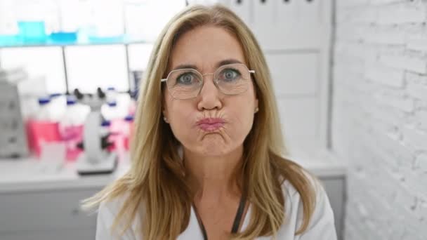 Kochająca Zabawę Blondynka Średnim Wieku Naukowiec Siedząca Laboratorium Serwująca Śmieszną — Wideo stockowe