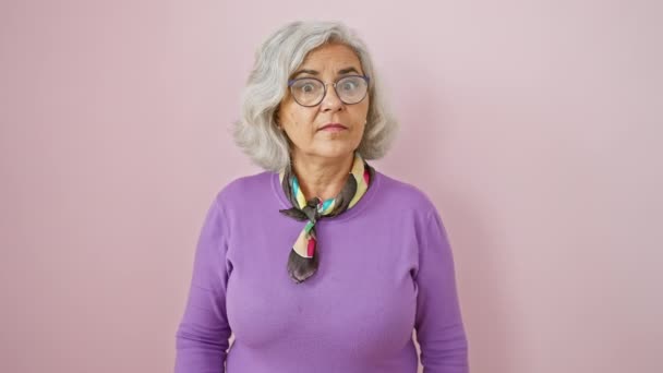 Middle Age Woman Grey Haired Glasses Clad Zipping Her Lips — Stock Video