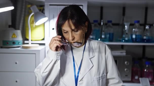 Зріла Іспаномовна Жінка Вчений Коригує Окуляри Лабораторії Колбами Обладнанням — стокове відео