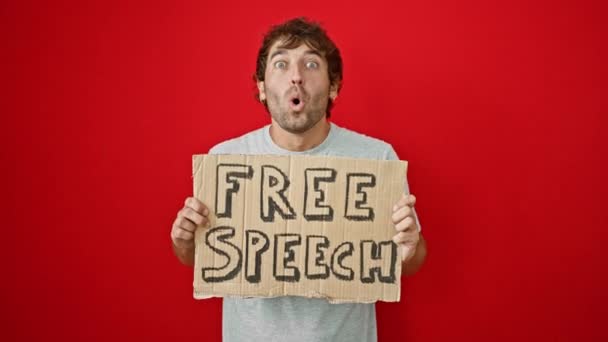 Shocked Scared Young Man Holds Free Speech Cardboard Banner Mouth — Stock Video