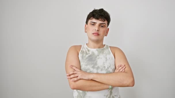Joven Hombre Escéptico Camiseta Sin Mangas Pie Con Los Brazos — Vídeos de Stock