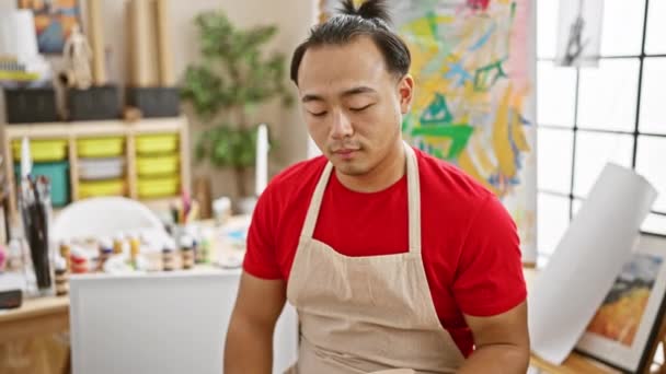 Snapshot Intrigant Jeune Artiste Chinois Sérieux Absorbé Par Peinture Assis — Video