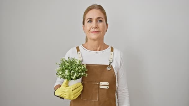 美しい中年ブロンドの女性花屋 自信を持って植物の鍋を保持し 白い背景に隔離された喜びと肯定性を除いて歯科微笑みを浮かべます — ストック動画