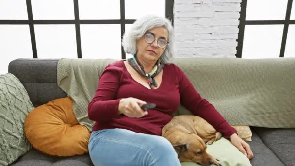 一位白发苍苍 戴眼镜的老妇人躺在灰色的沙发上 怀里牵着一只棕褐色的狗 显得厌烦极了 — 图库视频影像