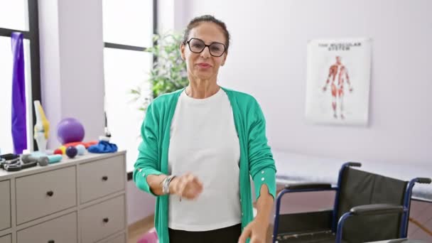 Vrolijke Middelbare Leeftijd Spaanse Vrouw Fysiotherapeut Staande Armen Gekruist Stralen — Stockvideo