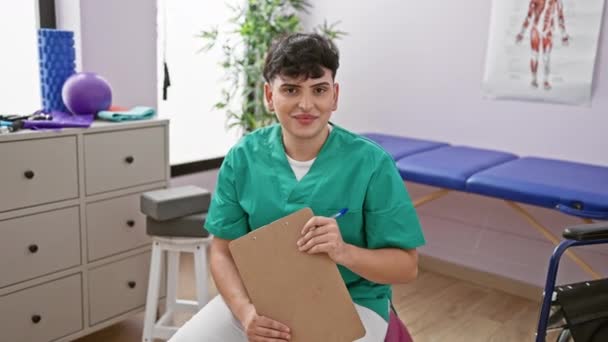 Uśmiechnięty Młodzieniec Kitlu Trzymający Notatnik Klinice Fizjoterapii — Wideo stockowe
