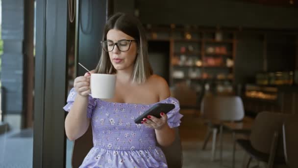 Όμορφη Ισπανίδα Γυναίκα Ντυμένη Γυαλιά Απολαμβάνει Ένα Ζεστό Φλιτζάνι Καφέ — Αρχείο Βίντεο