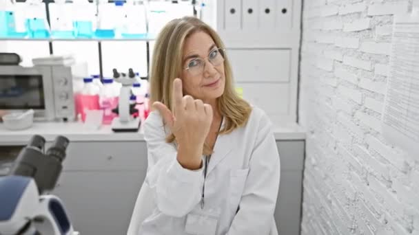 Veselá Blondýnka Středního Věku Vědkyně Sedící Laboratoři Pokyvuje Přátelským Gestem — Stock video