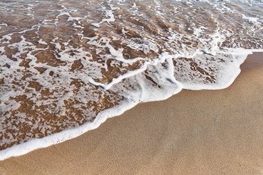 Açık gün ışığında köpüklü okyanus dalgaları tarafından öpülen manzaralı kumlu bir sahil..