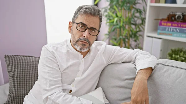 Troubled Young Hispanic Man Grey Haired Beard Wearing Glasses Reveals — Stock Photo, Image