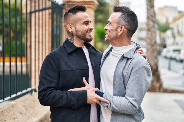 Two Men Couple Smiling Confident Hugging Each Other Street — Stockfoto