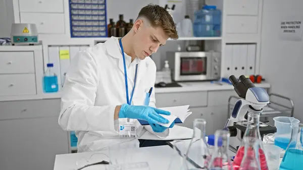 Young Caucasian Man Scientist Reading Book Thinking Laboratory — Stock Photo, Image