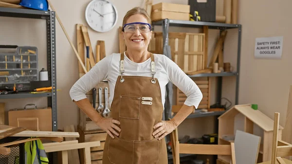 Lächelnde Frau Schürze Posiert Einer Überladenen Tischlerei Und Deutet Handwerkskunst — Stockfoto