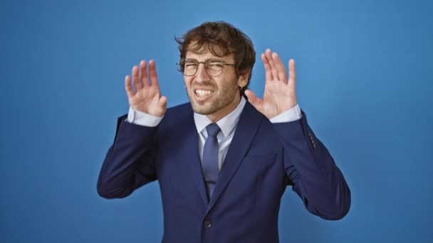 Curious Young Man Business Suit His Hands His Ears Trying — Stock Video