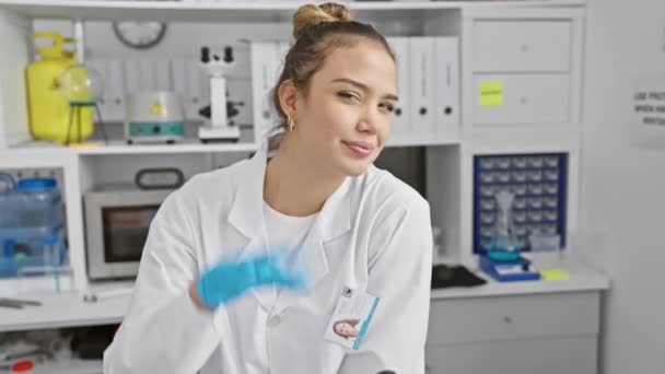 Mladá Krásná Hispánská Vědkyně Uniformě Hravě Poslouchající Laboratorní Drby Povědomí — Stock video