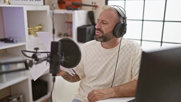 Smuk Ung Mand Akustisk Musikkunstner Der Lidenskabeligt Synger Melodi Indendørs – Stock-video