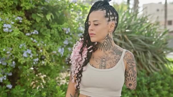 Selbstbewusste Hispanische Amputierte Frau Ihr Tätowierter Arm Lächelt Hell Steht — Stockvideo