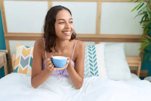 Young African American Woman Drinking Cup Coffee Sitting Bed Bedroom — Photo
