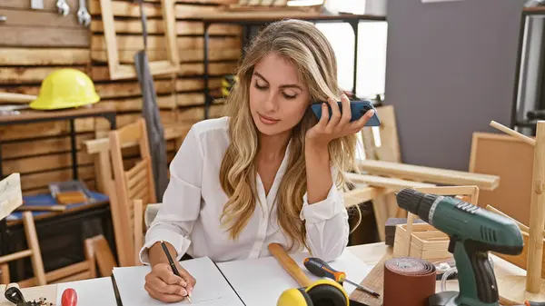 Stunning Blonde Woman Passionate Woodwork Hunkered Carpentry Notes Absorbing Voice — Stock Photo, Image
