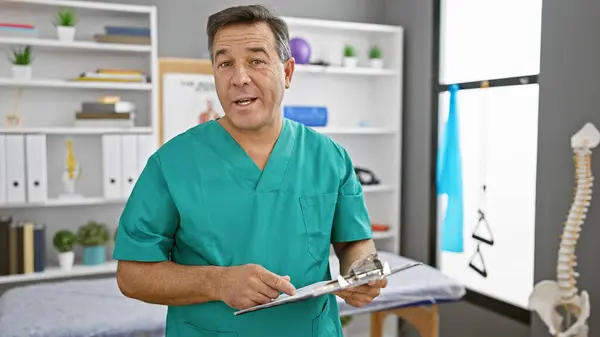 Middle-aged male doctor in scrubs holding clipboard in a clinic\'s rehab room, with medical equipment and books in the background.